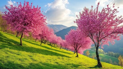 Fototapeta premium Vibrant Cherry Blossom Trees Under Blue Sky