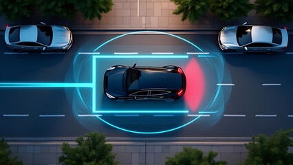 A smart car parking assist system is visualized from a top view, featuring autonomous technology for secure road scanning and self-parking