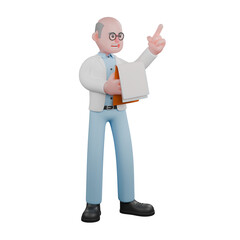 Professional Scientist 3D Art. A male scientist standing holding a clipboard in his left hand and his right hand pointing up. Male Geneticist Character