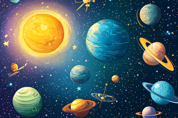 A colorful illustration of planets and the sun against a starry background.