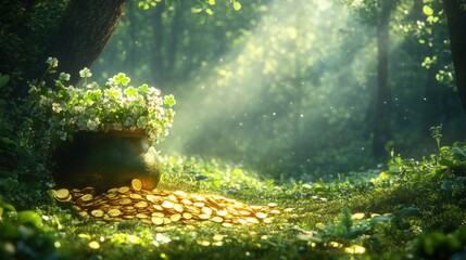 A pot of gold at the end of a rainbow, in a magical forest with a pot of gold and shamrock.