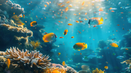 Fototapeta premium Family scuba diving in crystal clear tropical waters, exploring vibrant coral reefs and marine life, with colorful fish swimming around