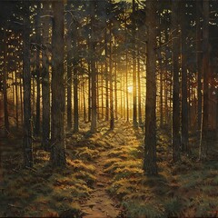 Obraz premium Pine forest in the fog at sunrise. illustration.