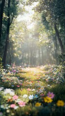 bright and sunny forest clearing with vibrant wildflowers