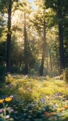 bright and sunny forest clearing with vibrant wildflowers