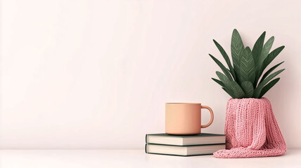 cozy coffee corner featuring warm mug, stacked books, and stylish plant in knitted pot creates serene atmosphere perfect for relaxation