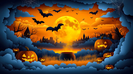 Happy Halloween banner or party invitation background with clouds, bats and pumpkins in paper cut style.