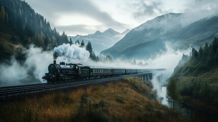 A steam train chugs through misty mountains.