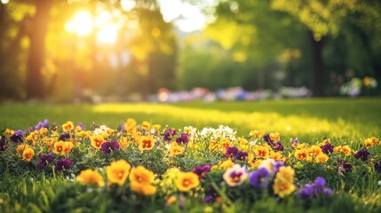 Blooming Pansies in a Sunny Park