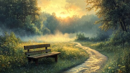 Tranquil landscape with a wooden bench by a winding path.