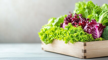 Fresh Leafy Greens in Rustic Wooden Box Display