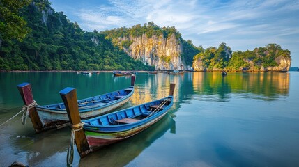 Obraz premium Serene Boats by the Scenic Coastal Landscape