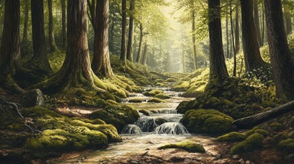 Obraz premium Sunlight filters through a mossy forest.