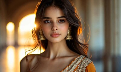 Portrait of a Beautiful Woman with Long Hair and Golden Earrings - Powered by Adobe