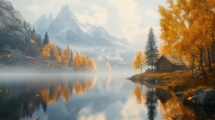 Fototapeta premium Cabin by a misty lake with fall foliage and mountains.