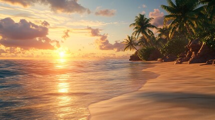 A tranquil beach with a gentle breeze. The golden light from the setting sun reflects on the calm ocean, creating a serene and peaceful scene.