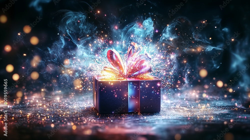 Poster vibrant gift box explodes with colorful sparks and shimmering lights, creating magical atmosphere fi