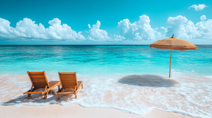 Umbrella and wooden chairs on tropical Caribbean beach