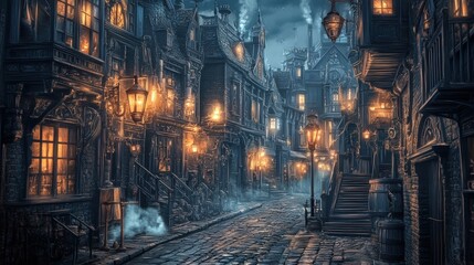 Cobblestone street, lit by gas lamps, old buildings.