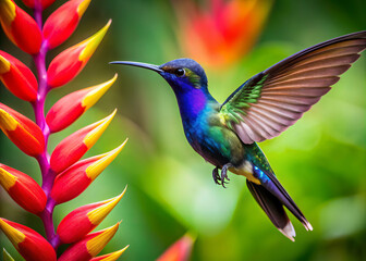 Fototapeta premium vibrant hummingbird with iridescent feathers hovers gracefully near striking red and yellow flower, showcasing its delicate wings and colorful plumage in lush, tropical setting