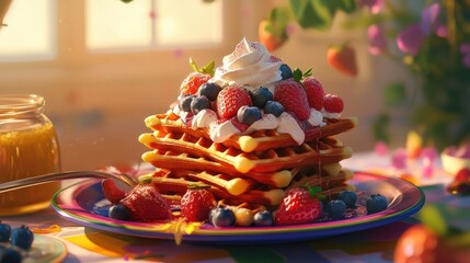 Delicious Stack of Waffles with Fresh Berries and Cream