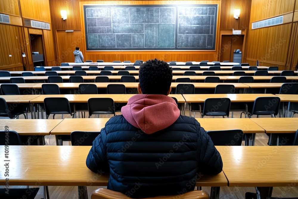 Poster Realistic image of an old, abandoned school building with a person revisiting the classroom of yesterday, looking at faded chalkboards and empty desks, representing the passage of time**
