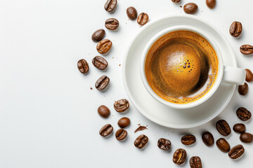 Small espresso cup with coffee beans isolated on white background