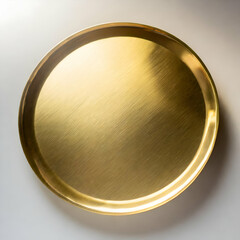 A polished golden metal plate placed flat on a pristine white background. The surface of the plate reflects light with subtle highlights, emphasizing its smooth texture and shiny finish