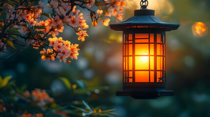 Glowing Lantern Hanging from a Branch with Flowers