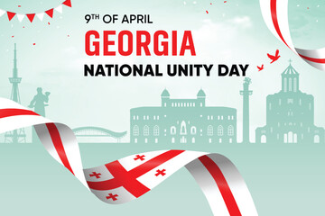 Georgia Flag Waving On Skyline Background. National Unity Day Concept Design Vector Illustration.