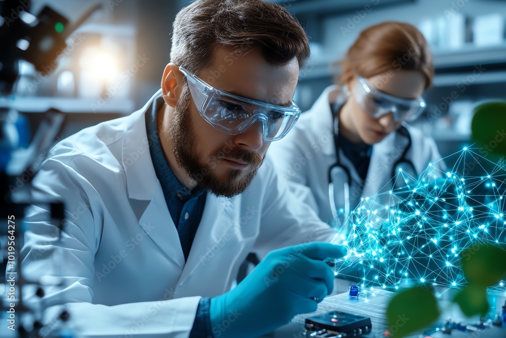 Poster realistic image of scientists in a lab working on tomorrowâ€™s solutions for medical advancements, w