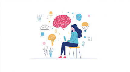 woman sitting on chair, engaged in mind and brain activity, surrounded by colorful illustrations of brains, clouds, and light bulbs, representing creativity and thought