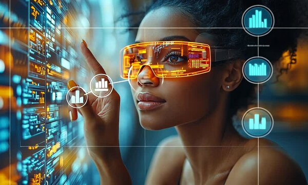 Woman Wearing Futuristic Glasses Interacting with Digital Data
