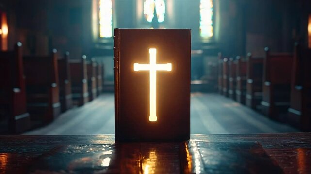 christian bible with cross made of light in cathedral Generative AI
