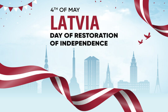 Latvia Flag Waving On Skyline Background. Independence Day Concept Design Vector Illustration.