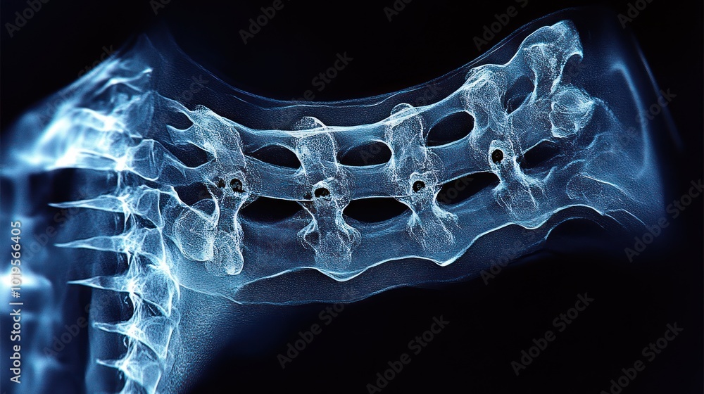 Poster x-ray image of vertebrae showing spinal structure and alignment.