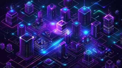 Isometric illustration of smart city, Futuristic buildings with digital communications, intelligent city management system.