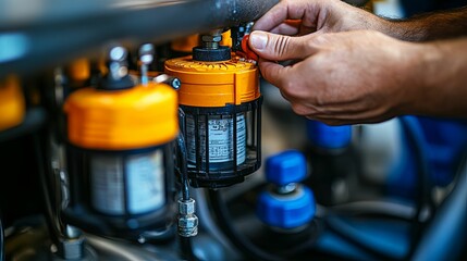 A Hand Adjusting a Black and Orange Filter on a Machine