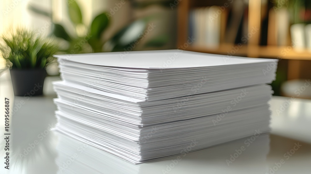 Poster a stack of blank papers on a table with plants in the background.