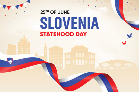 Slovenia Flag Waving On Skyline Background. Statehood Day Concept Design Vector Illustration. - Powered by Adobe