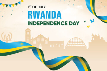 Rwanda Flag Waving On Skyline Background. Independence Day Concept Design Vector Illustration.