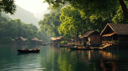 Fototapeta premium Tranquil Lakeside Village with Wooden Cabins