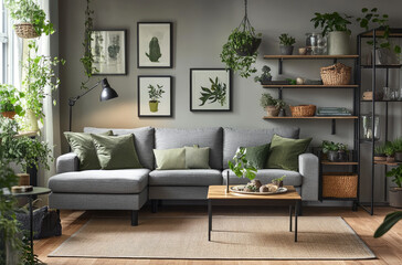 A living room with a grey sofa, wooden flooring, and light gray walls. There is an open shelving unit on the right side of the picture displaying various home decor items