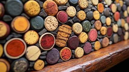 Colorful arrangement of corks and stones in a decorative pattern.