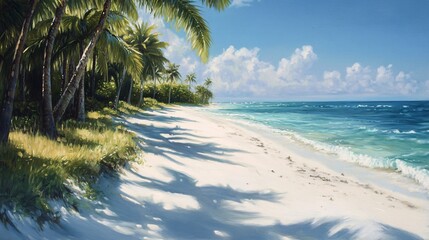 A tropical beach with palm trees, white sand, and blue water.