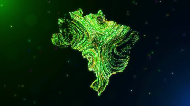 Abstract Motion View glowing map of the Brazil, featuring swirling neon green and yellow Hairlines, set against combined green-blue and black backgrounds with scattered colorful particles