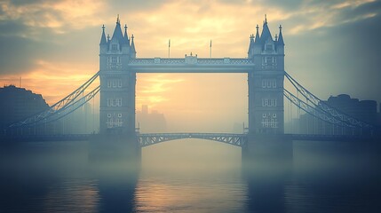 Generative AI Image of Majestic Tower Bridge in London River Lake Pond with Sunset Sunrise Sky