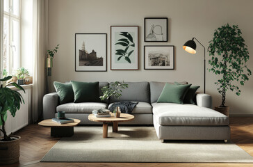 A modern living room with a light grey sofa, wooden flooring, and a neutral color scheme of white walls. 