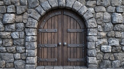 An arched stone doorway with a wooden door.