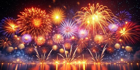 Fototapeta premium stunning display of colorful fireworks lighting up night sky, reflecting beautifully on water. vibrant bursts create festive atmosphere, perfect for celebrations